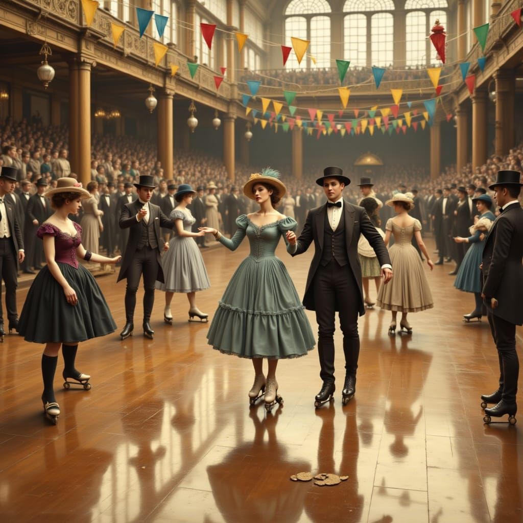 1908 Roller Skating Rink Scene with Edwardian Skaters