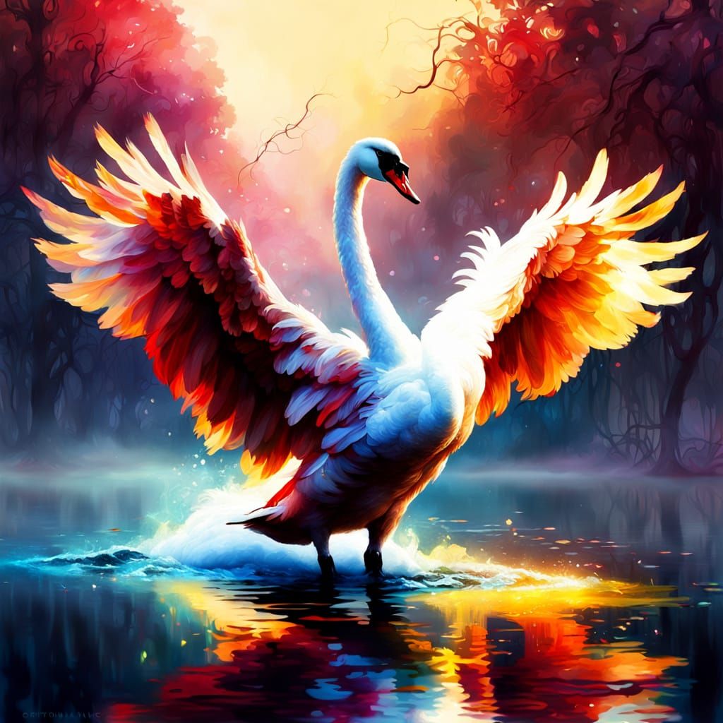 Ethereal Swan Dances on a Golden Misty Lake