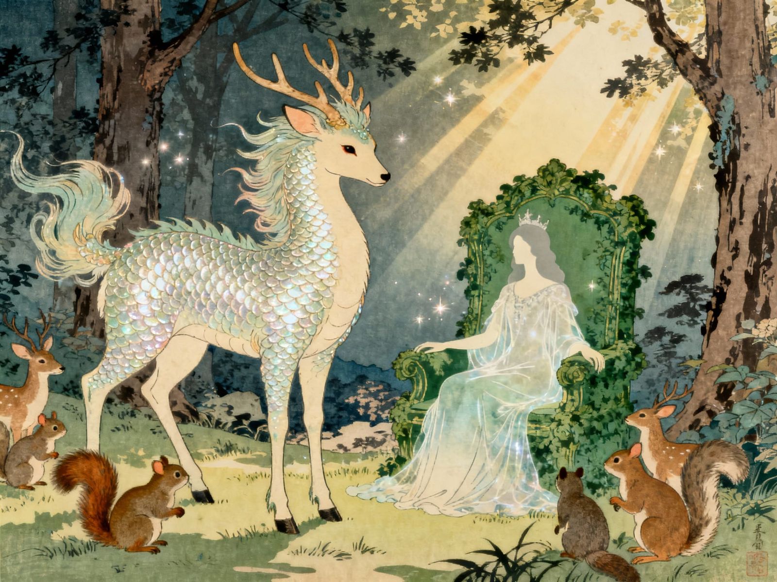 Ukiyo-e Style Qilin and Queen in Ethereal Forest Clearing