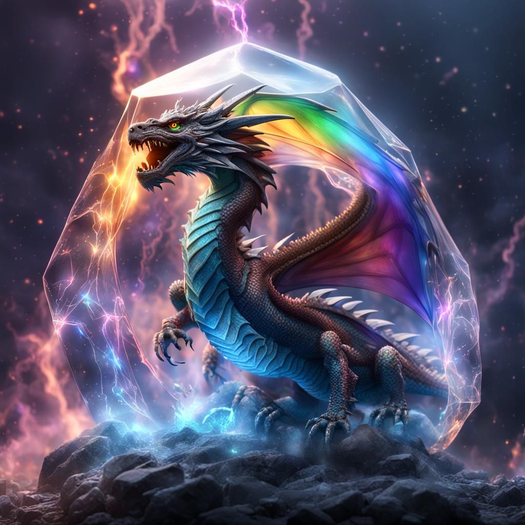 Crystal Dragon with Rainbow Lightning, Detailed Matte Painti...
