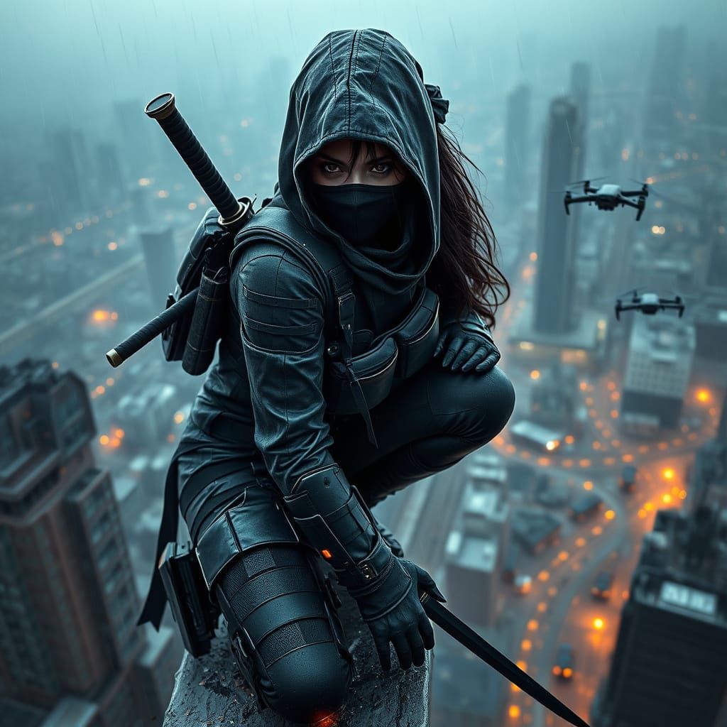 Female Assassin Overlooking Dystopian City in 8K