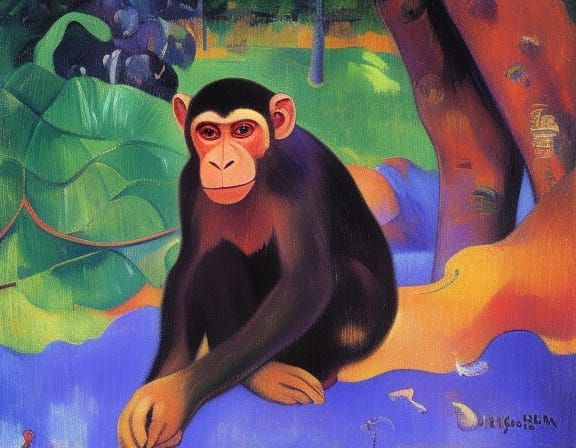 Monkey in Jungle, Post-Impressionistic Oil Painting