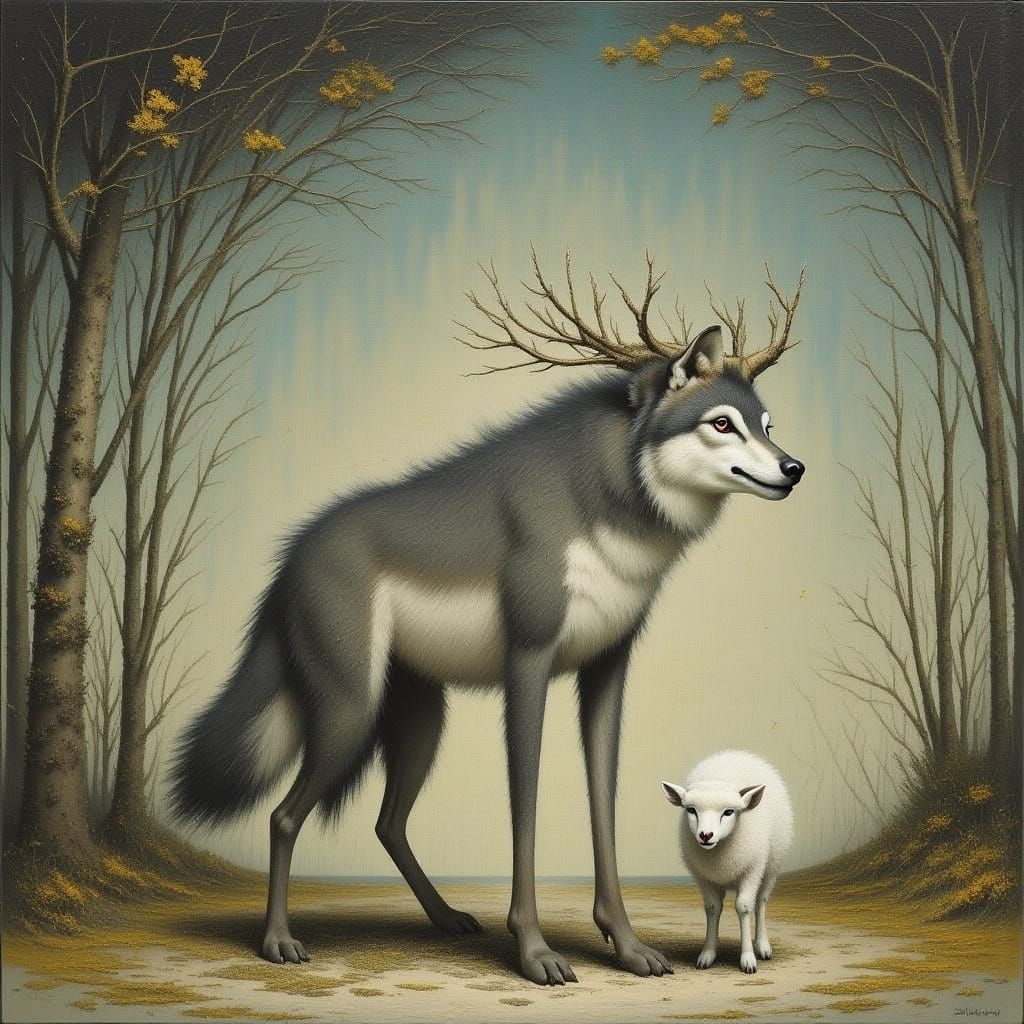 Wolf and Lamb in Whimsical Forest Setting