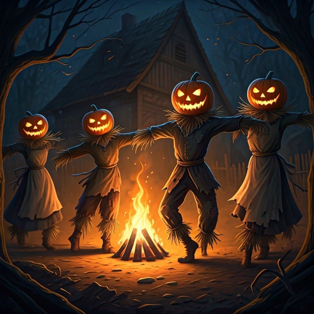 Festive Scarecrows Dance in Autumn Bonfire Light