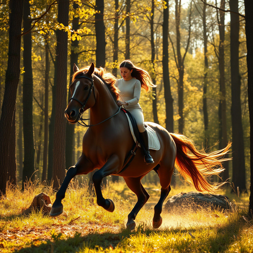Sorrel Horse Galloping Through Sunlit Forest