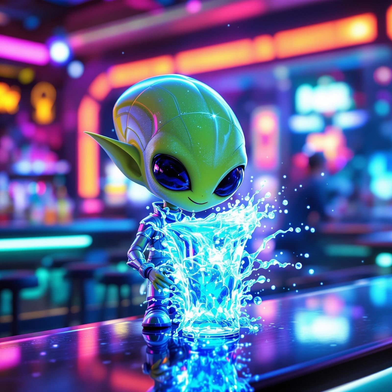 Chibi Alien Sips Fizzy Cocktail in Futuristic Space Station...