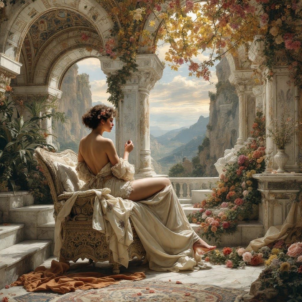 Elegant Victorian Garden Scene in Alma-Tadema Style