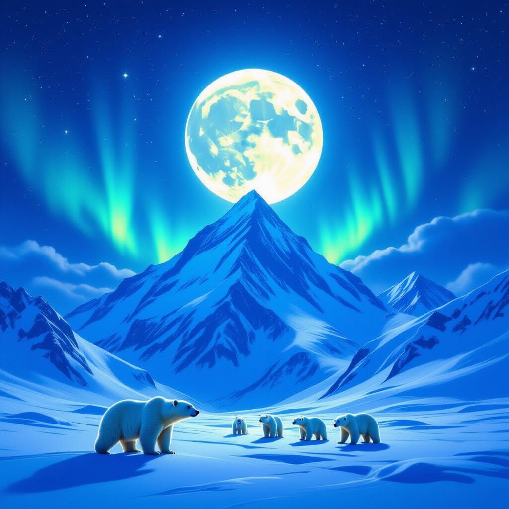 Majestic Snow Mountain Under Aurora with Polar Bears