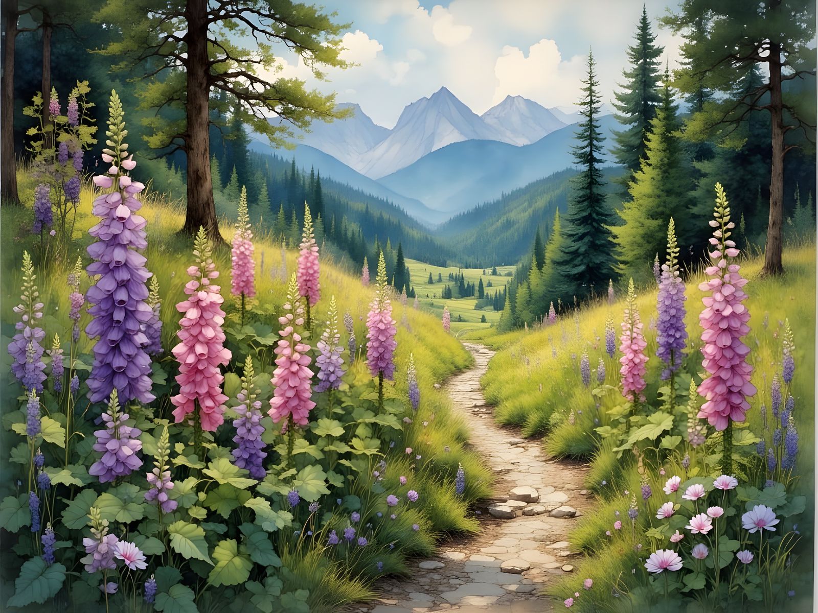 Summer Mountain Path with Foxglove in Oil Painting Style