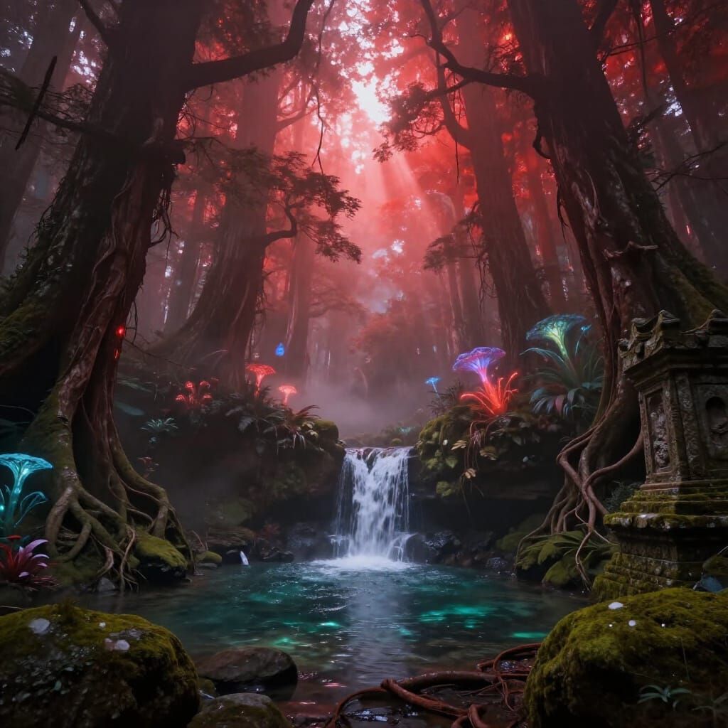 Ancient Forest in Mystical Red Fog with Ethereal Light