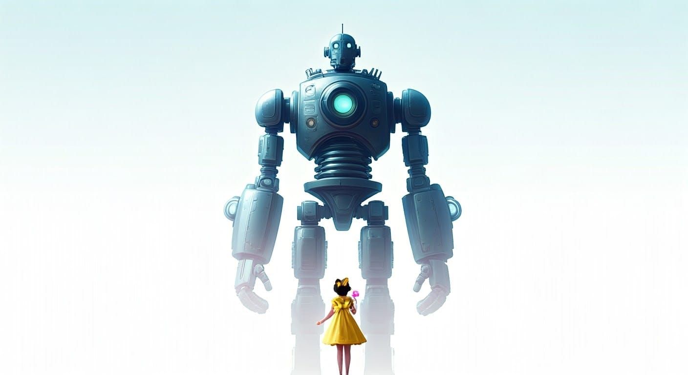 Girl in Wonder at a Towering Robot in Vibrant White and Blue
