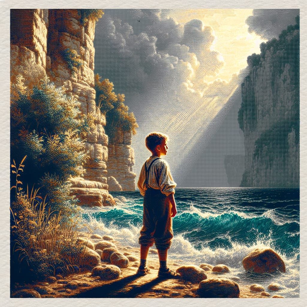 A Young Boy Standing by the Sea in Chiaroscuro