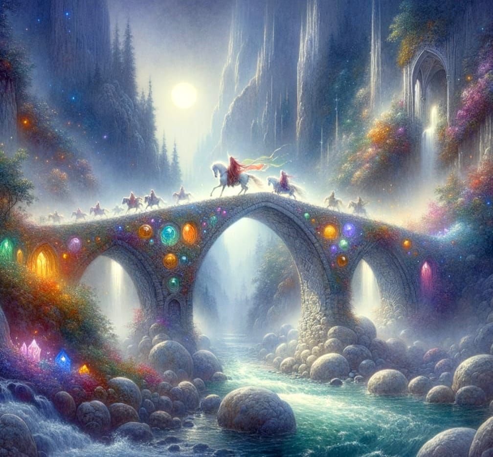 Romantic Watercolor Bridge Scene Under Luminous Moonlight
