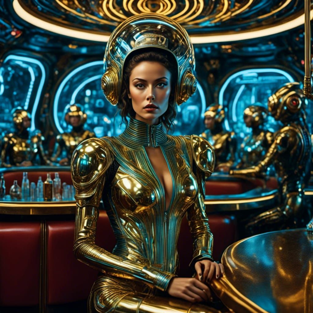 Futuristic Woman at Spaceship Bar in Surreal Oil Painting