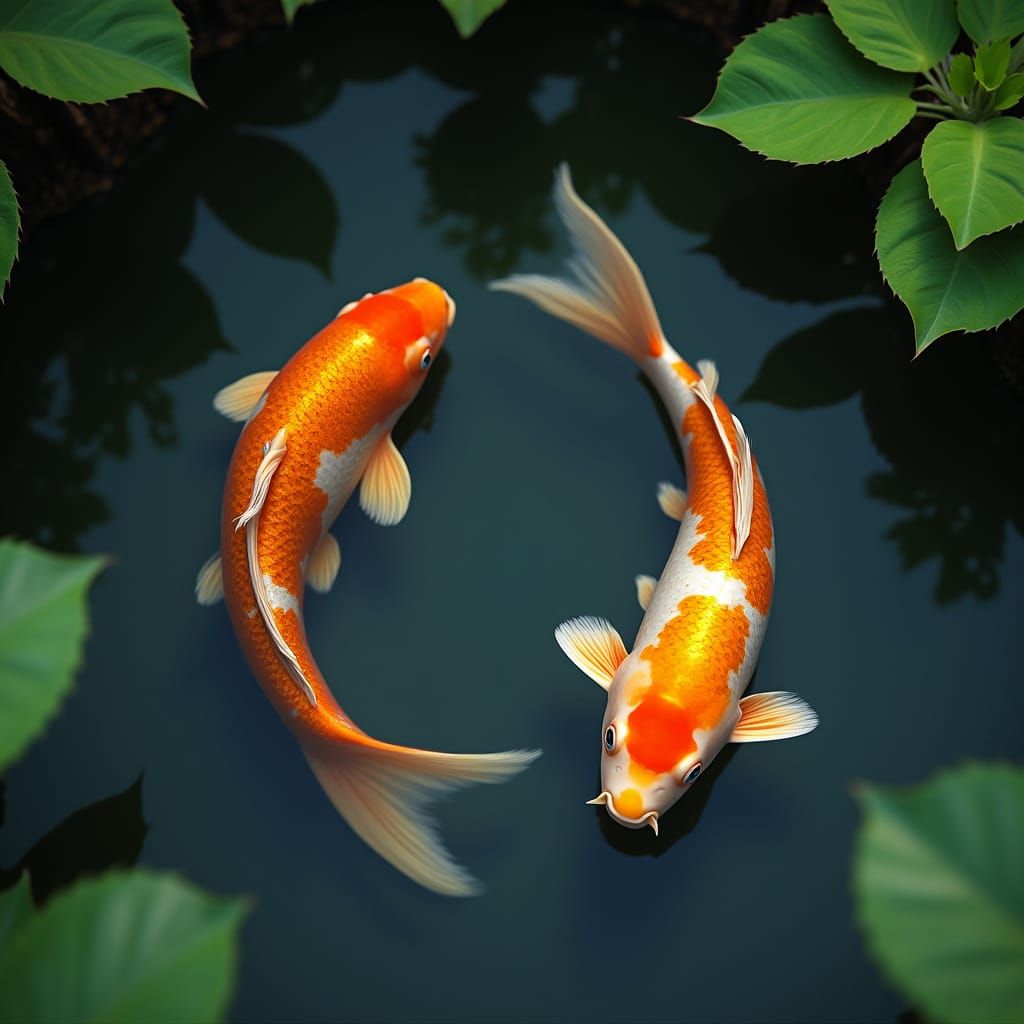 Two Koi Fish Swimming in Circles in Serene Pond