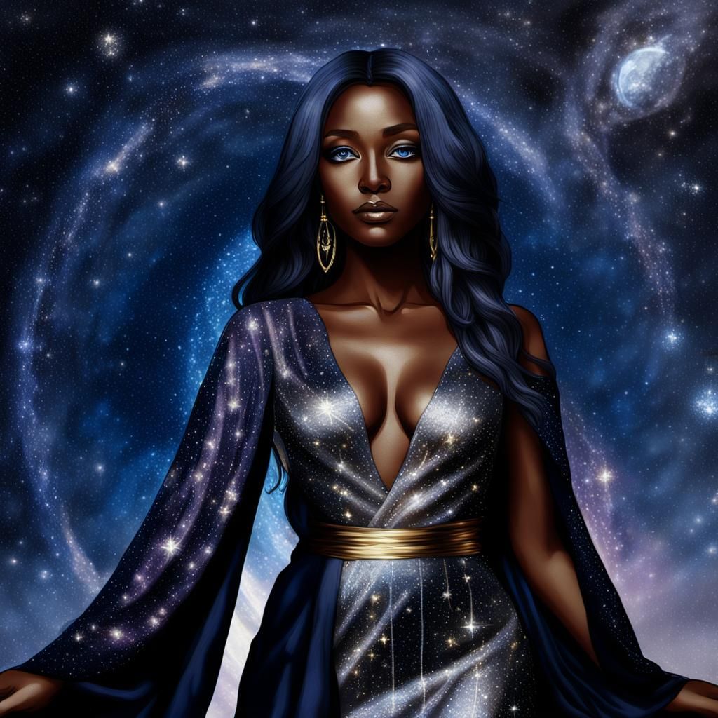 Majestic Dark Goddess in Celestial Fantasy Art