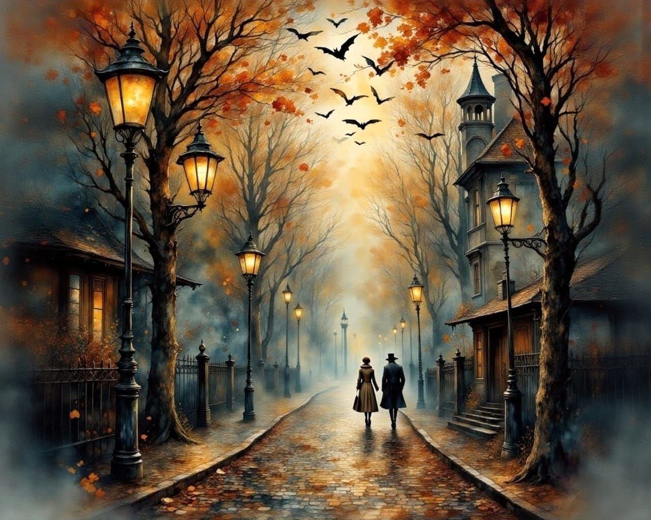 Foggy Autumn Street with Flickering Lamps and Bats