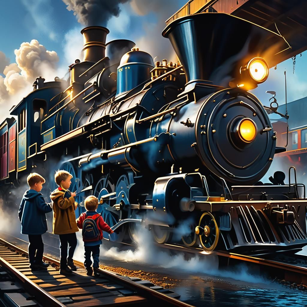Children Playing on Locomotive in Splash Art Style