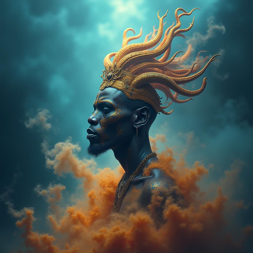Majestic African Genie Emerges from Iridescent Smoke