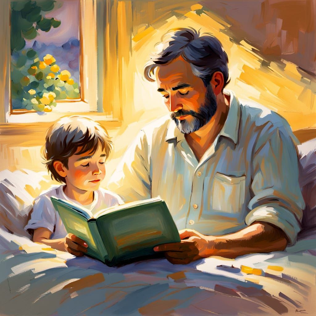 Father and Child Reading in Impressionist Style