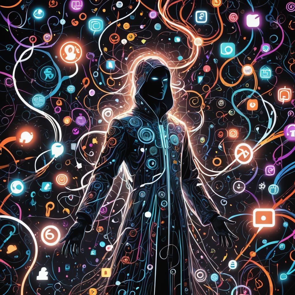 Dark Fantasy Figure Amidst Social Media Icons