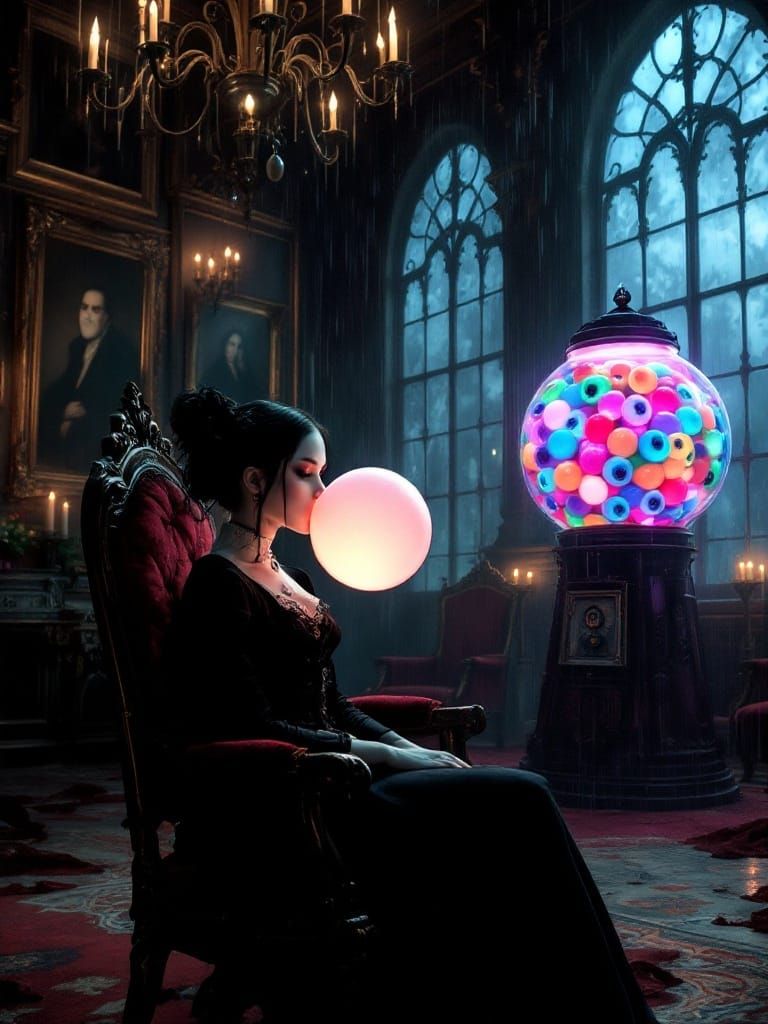 Gothic Girl Blows Bubblegum in Victorian Mansion