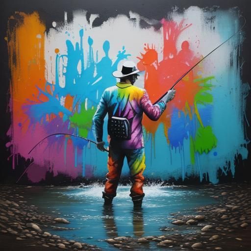 Man Fly Fishing in Stream, Graffiti Art Style