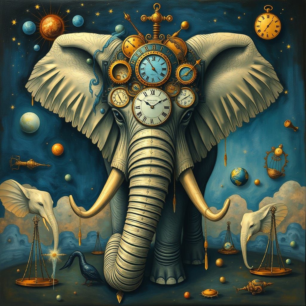 Surreal Elephant Portrait with Melting Clocks, Dali-esque St...