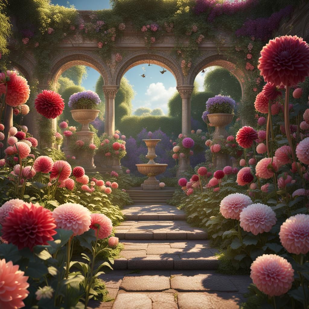 Blooming Dahlias in Lush Roman Garden