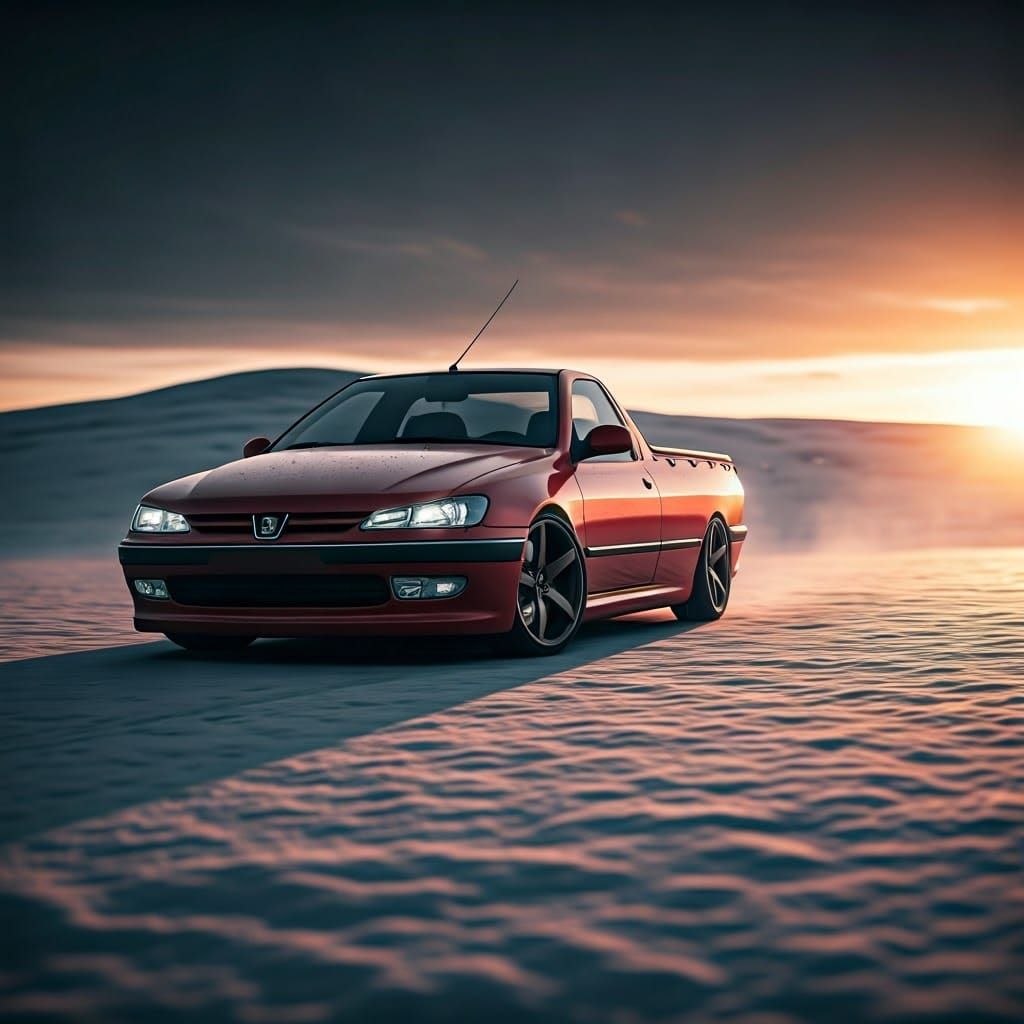 Dark Fantasy Red Peugeot 406 Drifting in Snowy Hills