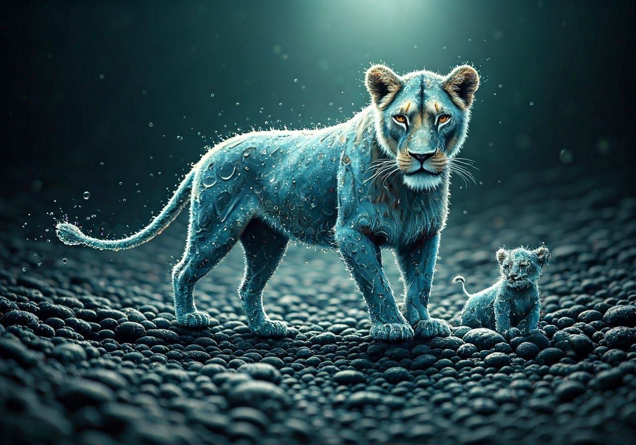 Ethereal Lioness and Cub Amidst Dewy Forest in Iridescent Wa...