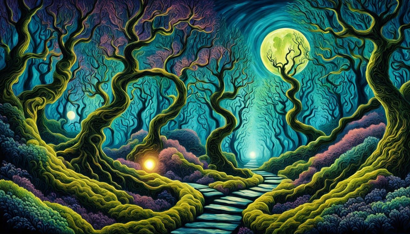 Luminous Moonlit Forest in Expressive Artistic Style