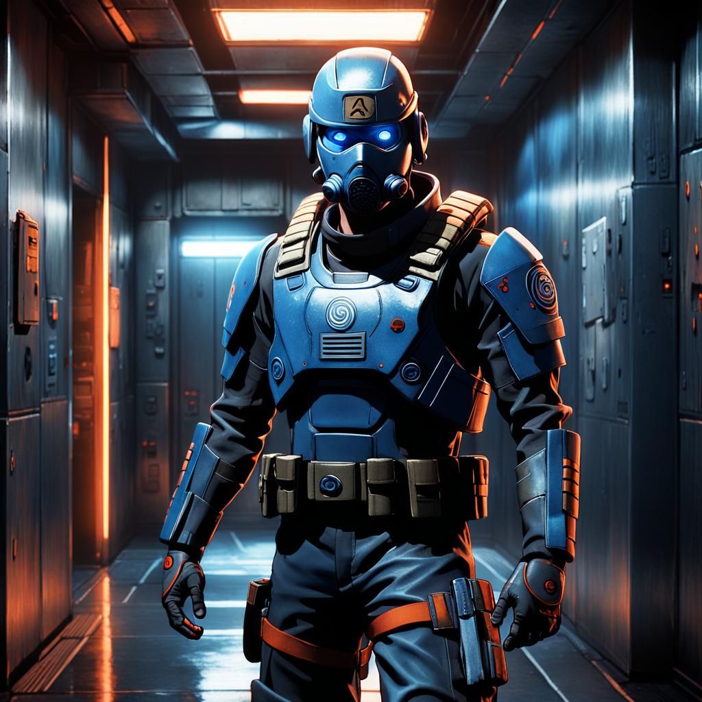 Masked Soldier in Metallic Room: Cinematic Concept Art