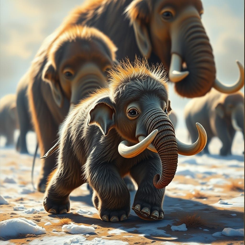 Cute Mammoth Family in Snowy Landscape as Oil Painting