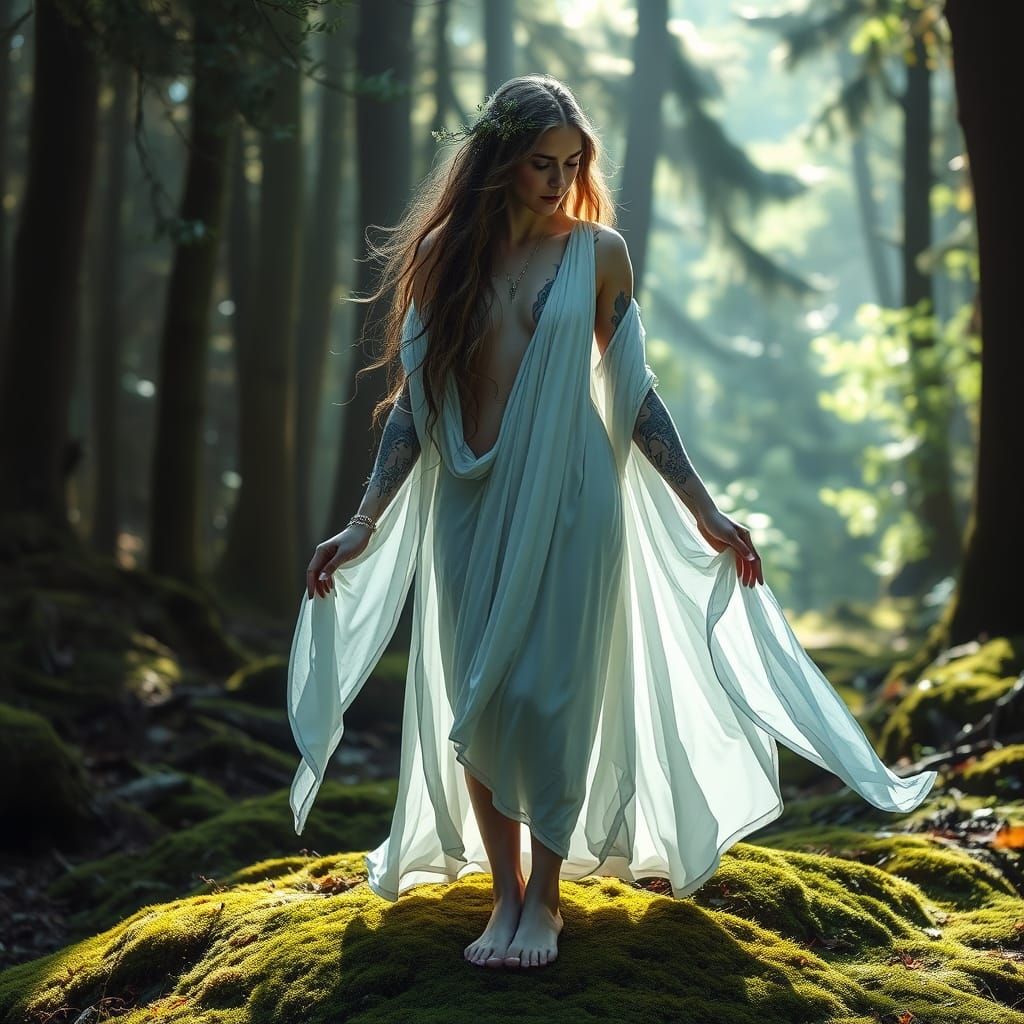 Scandinavian Goddess in Forest with Glowing Tattoos