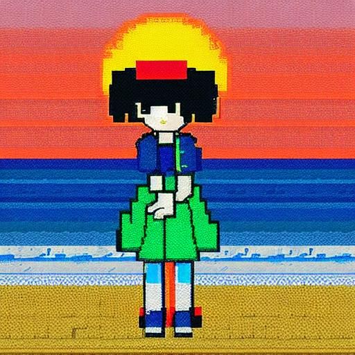 Sad Anime Girl at Sunset: 8-bit Pixel Art
