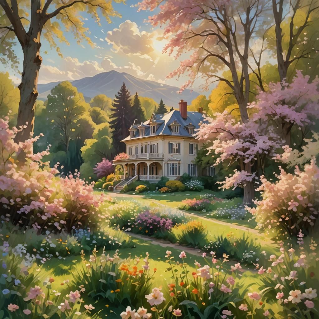 Impressionist Valley Landscape with Majestic House