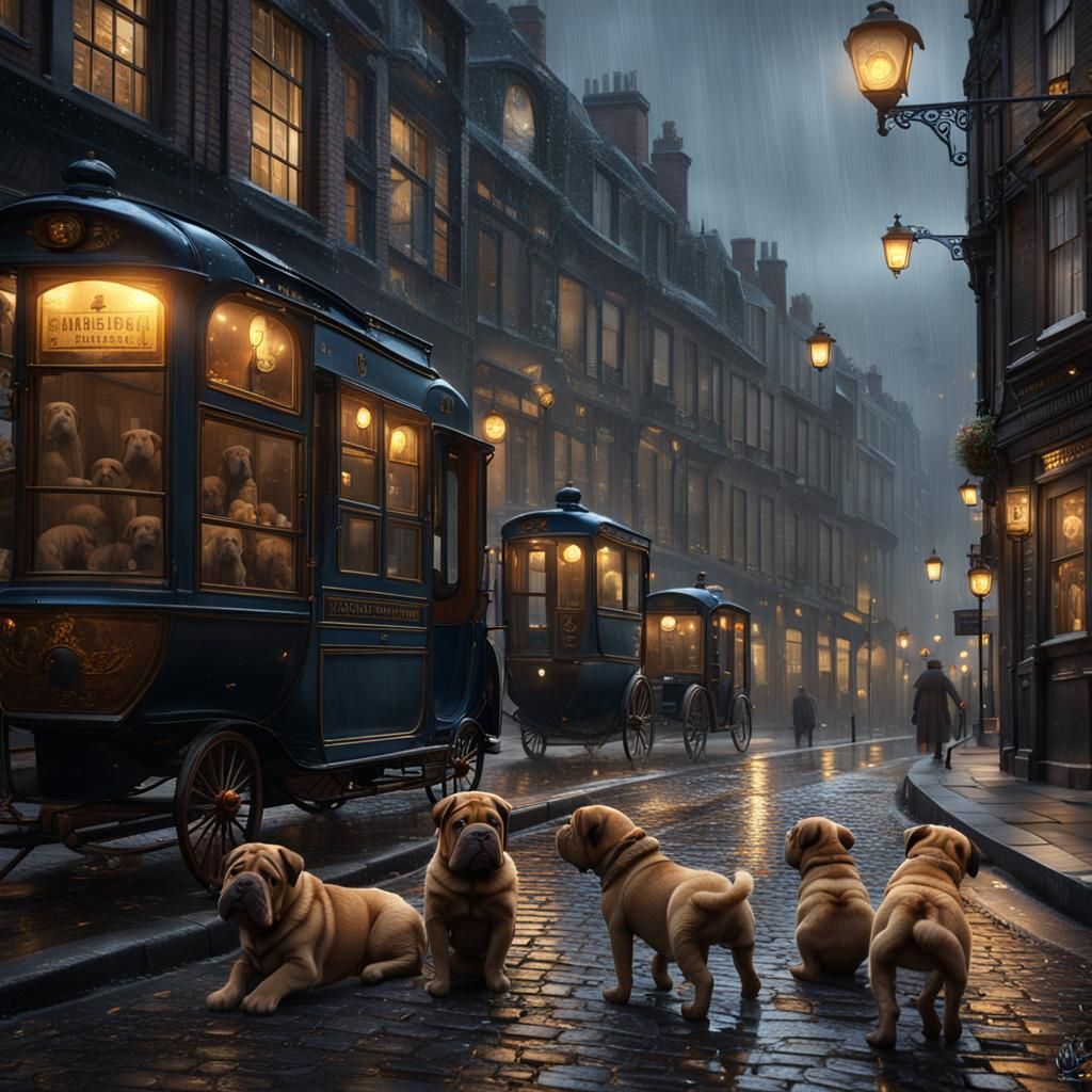 Victorian London: Shar Pei Puppies Watch the Rain