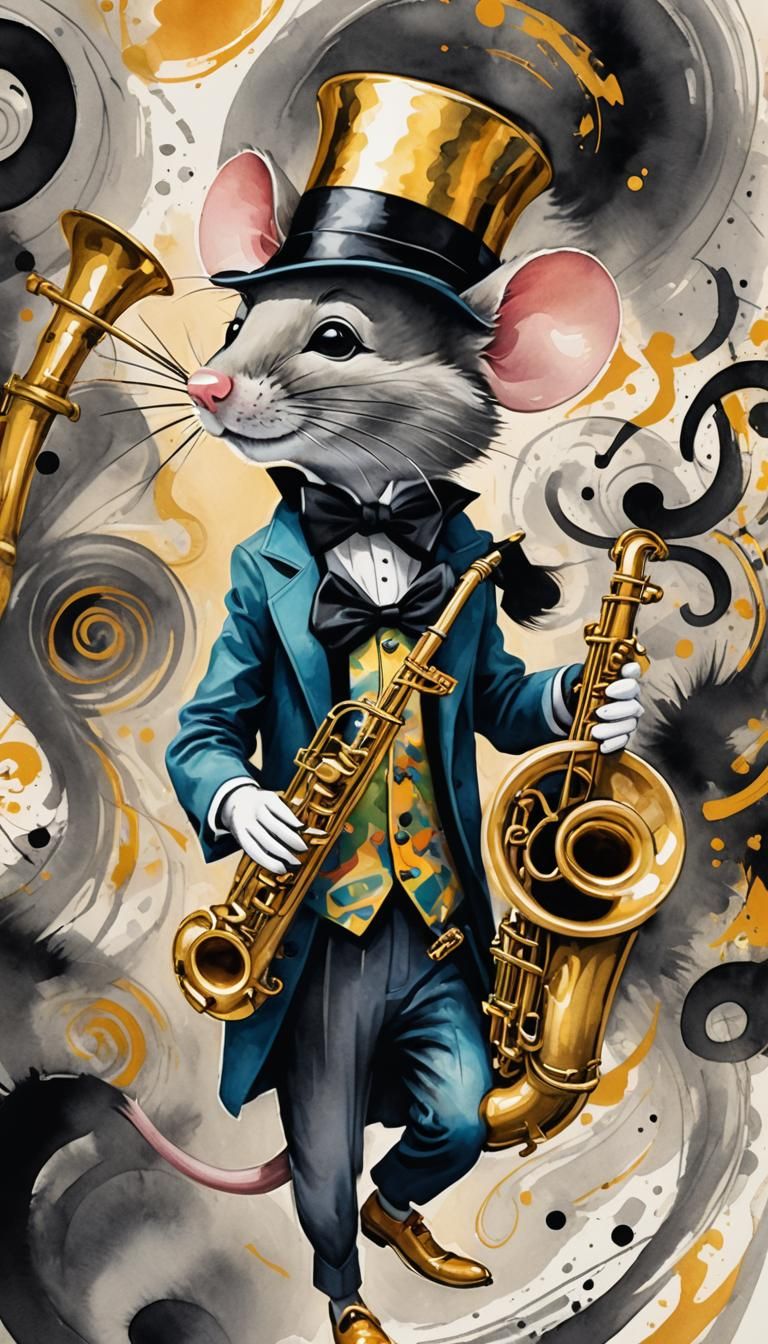 Surreal Jazz Mouse Plays Saxophone in Watercolor Style