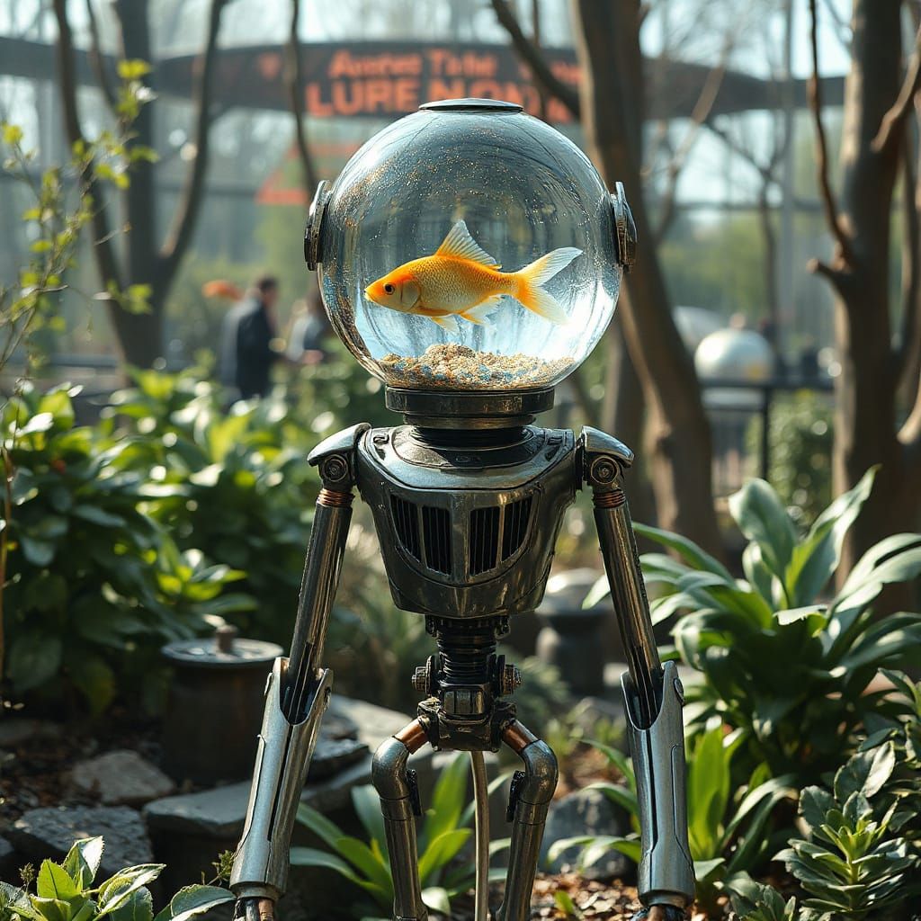Futuristic Robot with Aquatic Head in Ethereal Garden