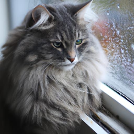 Blue Tabby Cat in Window on Rainy Day
