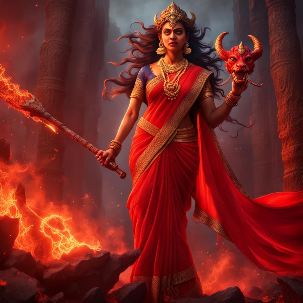 Durga Devi Slaying Mahishasura in Detailed Matte Painting