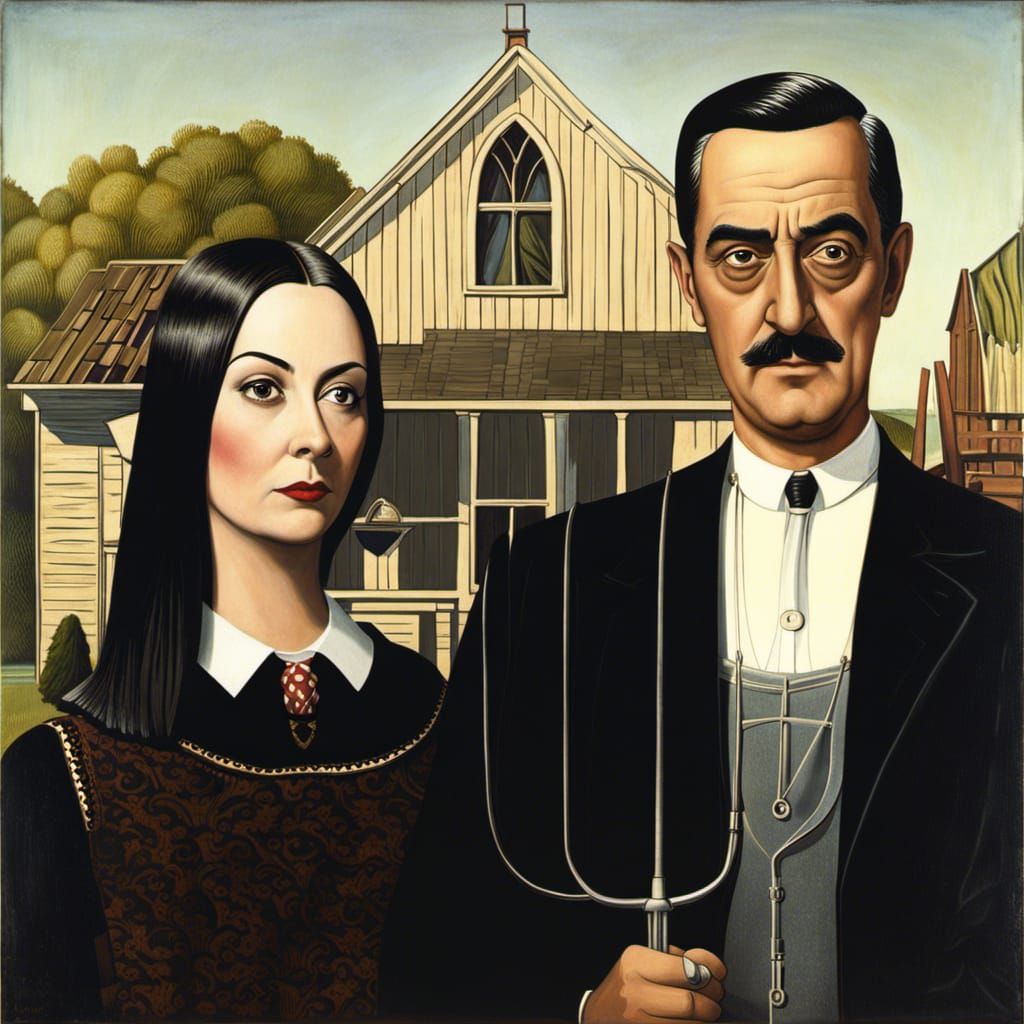 Gomez and Morticia Addams in American Gothic Style