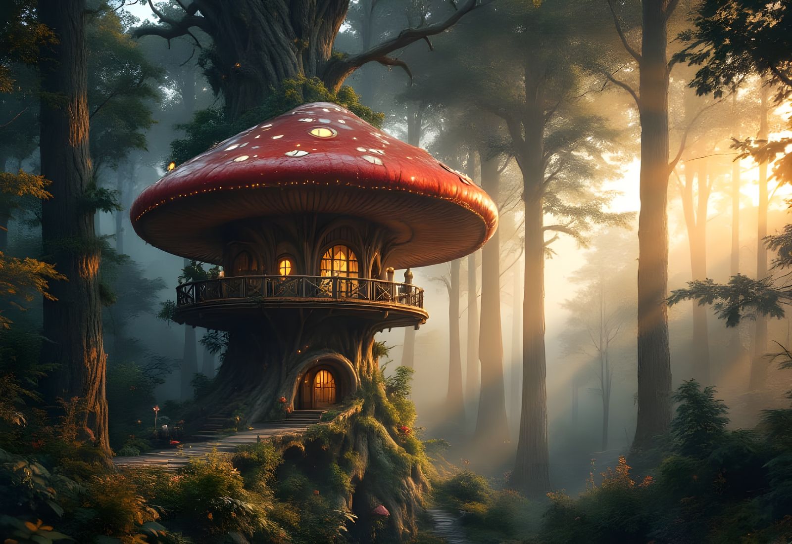 Photorealistic Mushroom House in Dark Forest Tree
