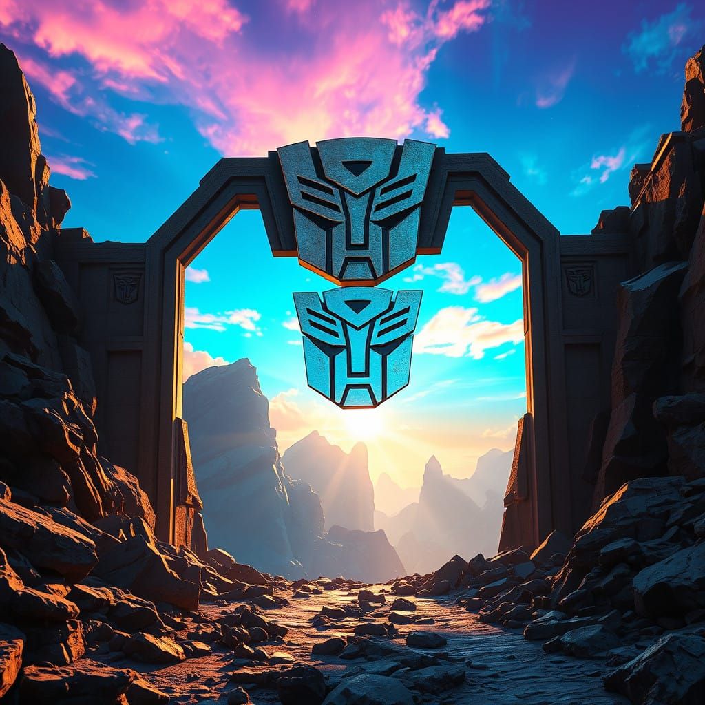 Surreal Cyberpunk Transformers Landscape with Shimmering Ski...