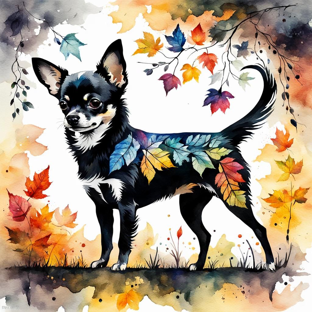 Chihuahua in Autumn Leaves: Expressive Watercolor