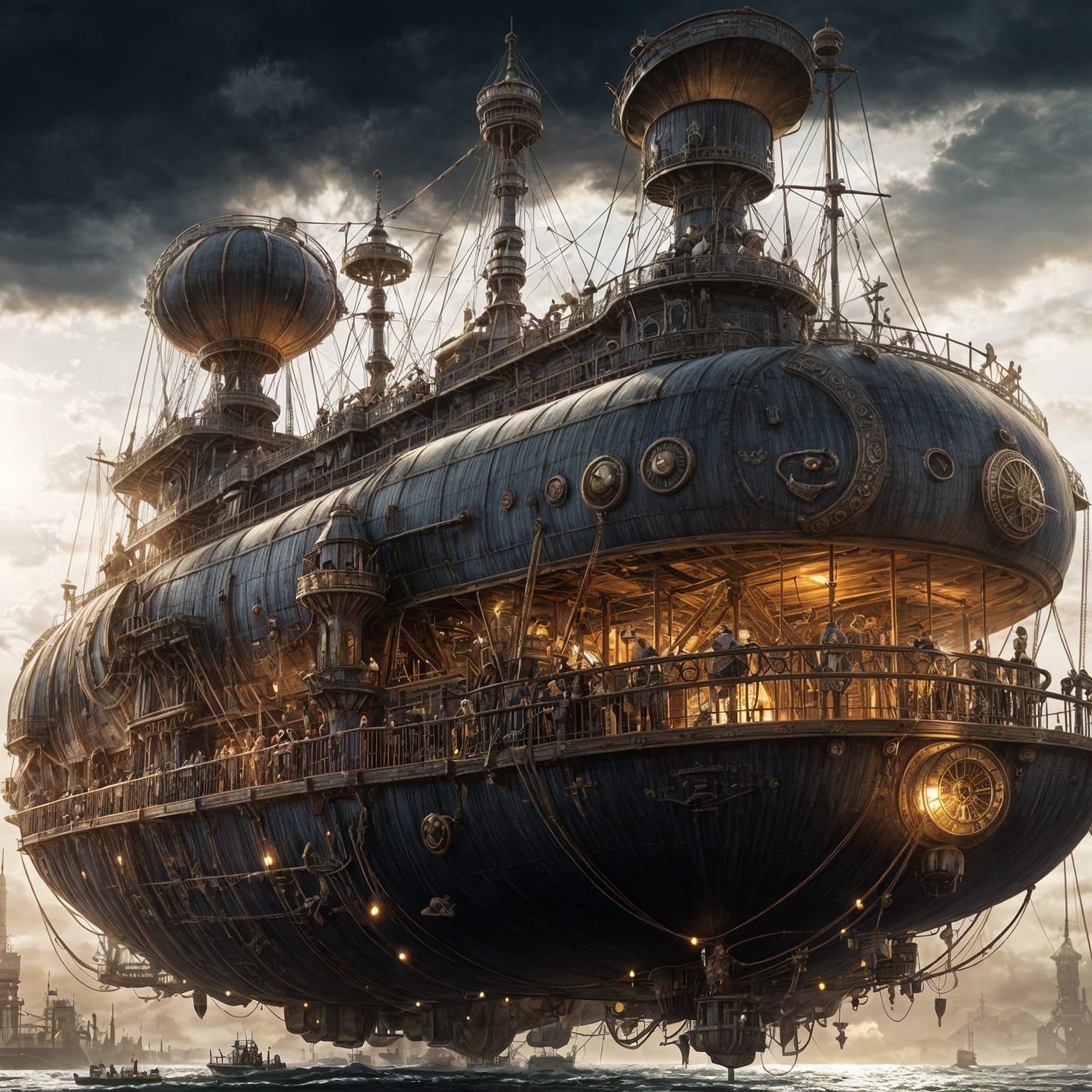 Steampunk Airship with Brass Fittings and Billowing Sails