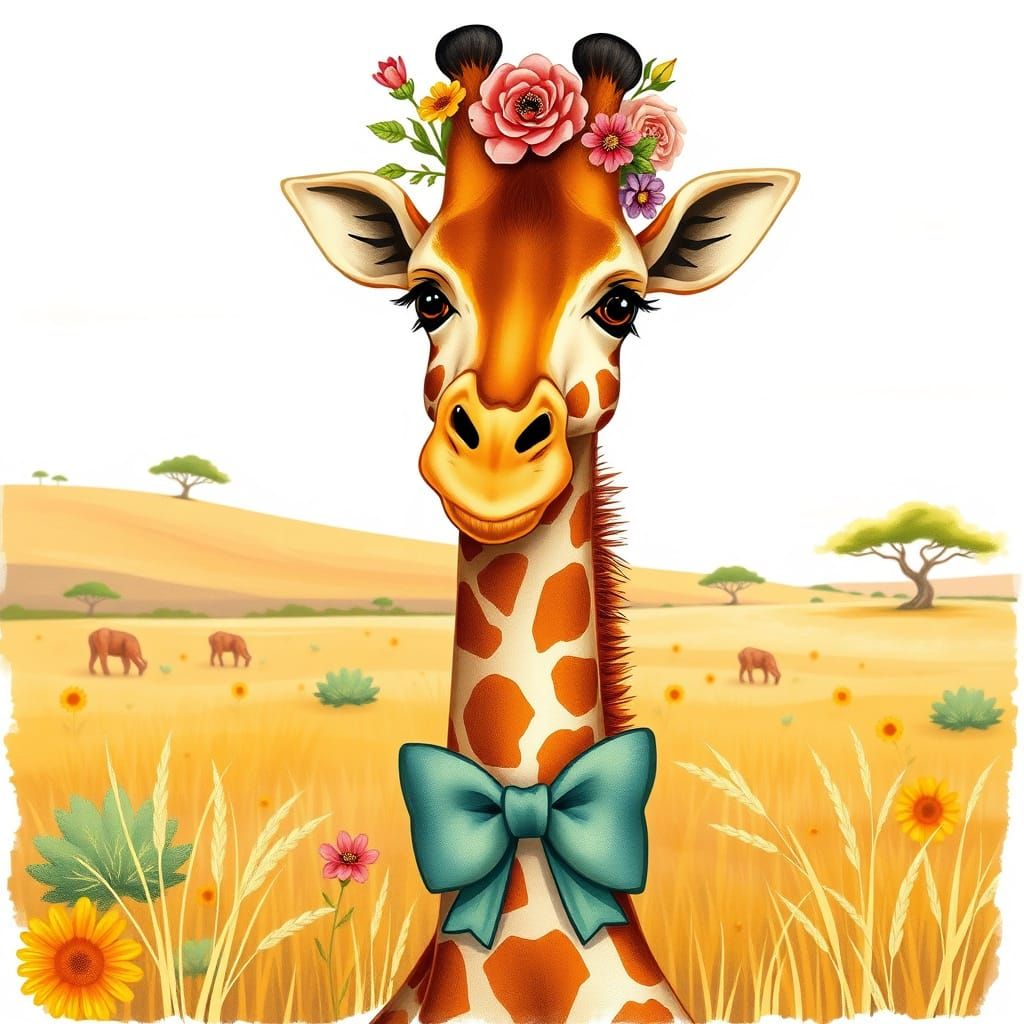 Whimsical Giraffe with Flowers, Beatrix Potter Style
