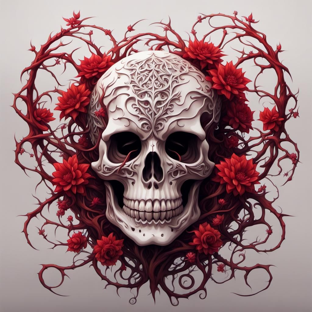 Macabre Skull of Thorns and Flowers in Red