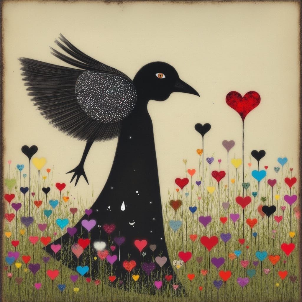 Woman Walks With Cute Dark Raven in Wildflower Meadow